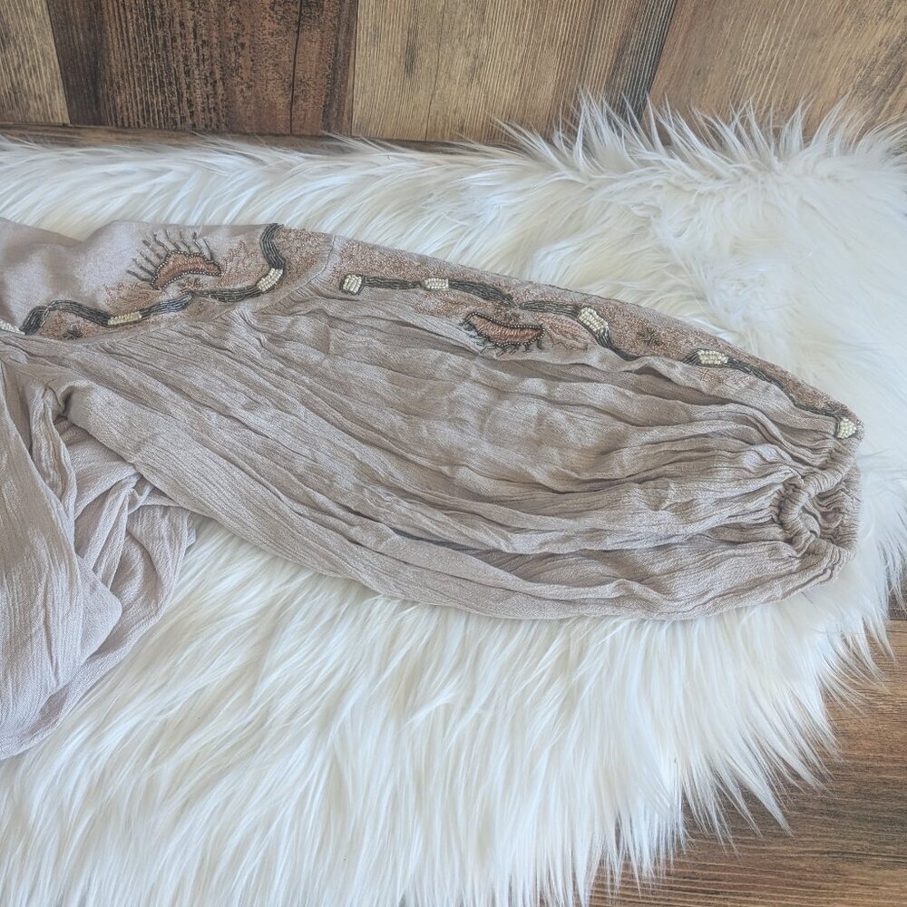 Free People Beige Beaded Tunic Deep V Cutout Mockneck BoHo Blouse S - Picture 7 of 8